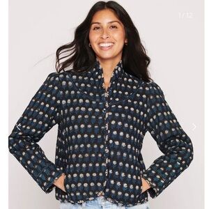 Shade Amour black with blue floral block print quilted button front jacket. M